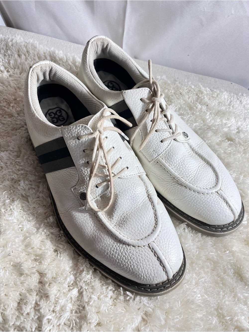 G/FORE Golf Shoes White Leather Lace-Up Loafers with Gray Stripe